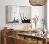 Monochrome Lake Tahoe ski chairlift photo with boots and skis, perfect as ski wall art
