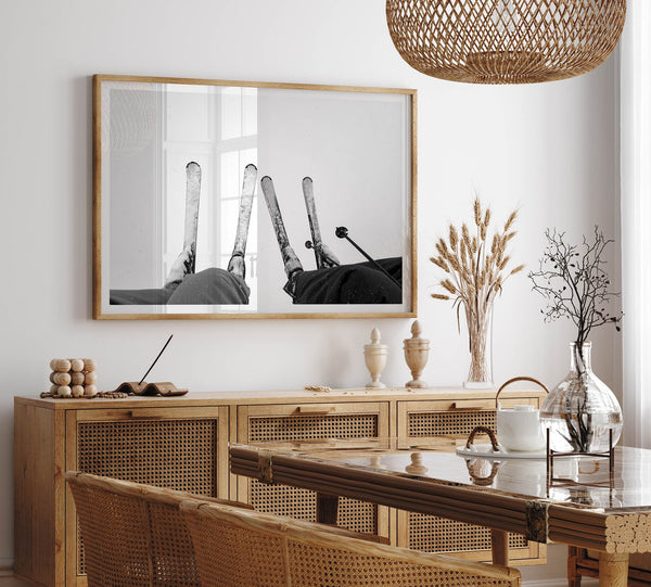 Monochrome Lake Tahoe ski chairlift photo with boots and skis, perfect as ski wall art