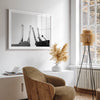 Monochrome Lake Tahoe ski chairlift photo with boots and skis, perfect as ski wall art