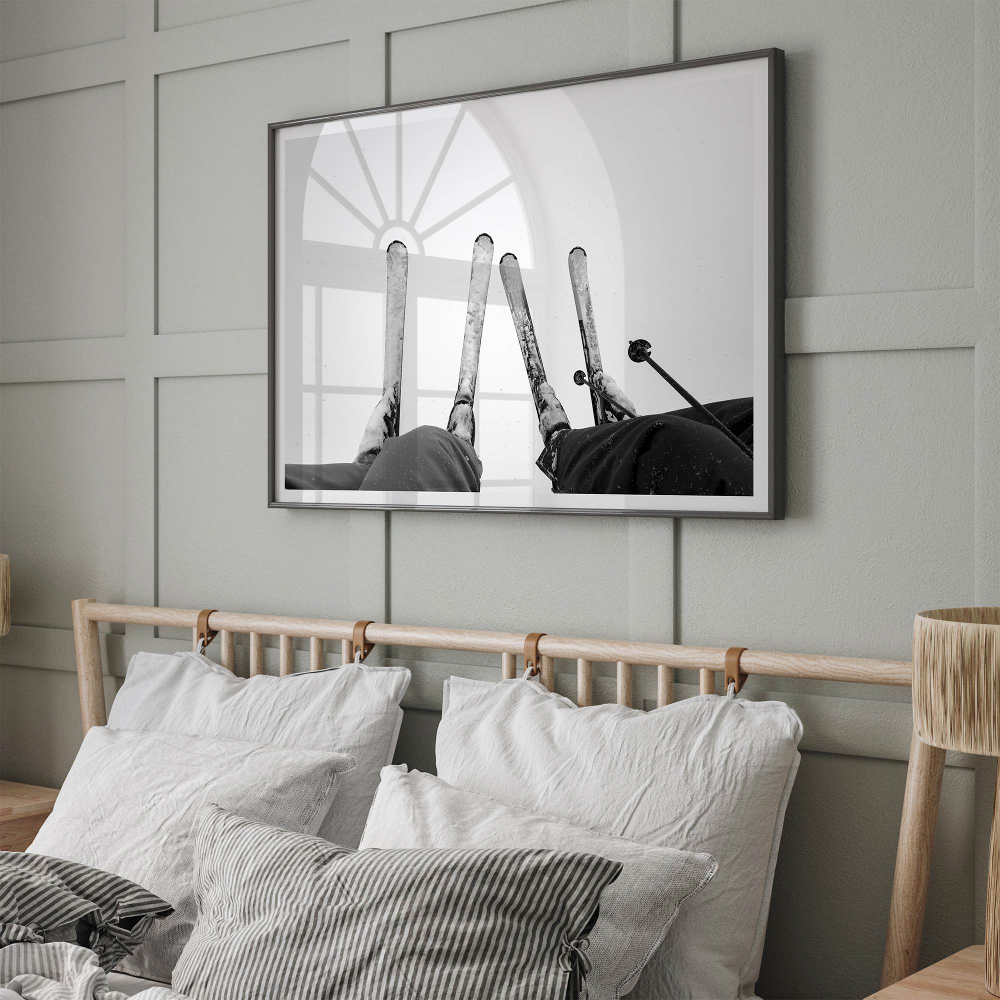 Monochrome Lake Tahoe ski chairlift photo with boots and skis, perfect as ski wall art