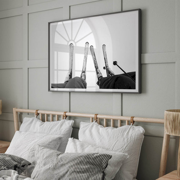 Monochrome Lake Tahoe ski chairlift photo with boots and skis, perfect as ski wall art