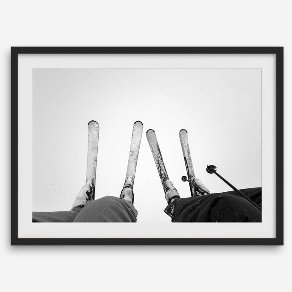 Monochrome Lake Tahoe ski chairlift photo with boots and skis, perfect as ski wall art