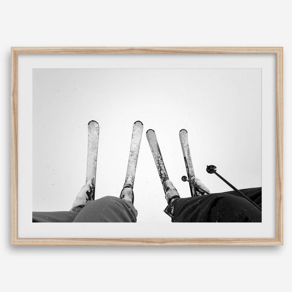 Monochrome Lake Tahoe ski chairlift photo with boots and skis, perfect as ski wall art