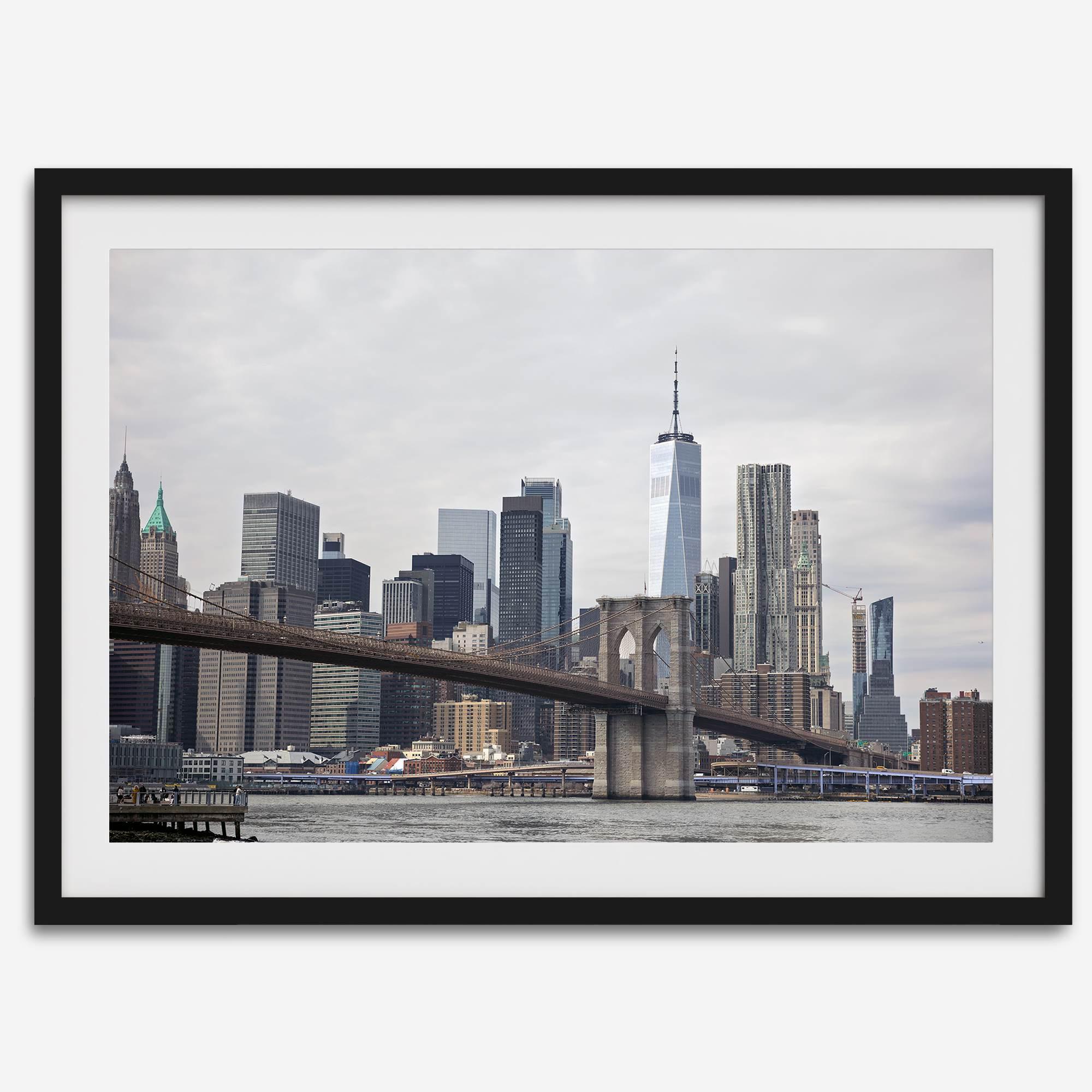 New York skyline print featuring Brooklyn Bridge, contemporary cityscape wall art.