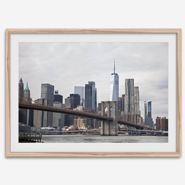 New York skyline print featuring Brooklyn Bridge, contemporary cityscape wall art.