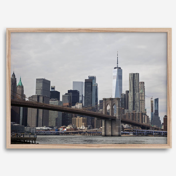 New York skyline print featuring Brooklyn Bridge, contemporary cityscape wall art.