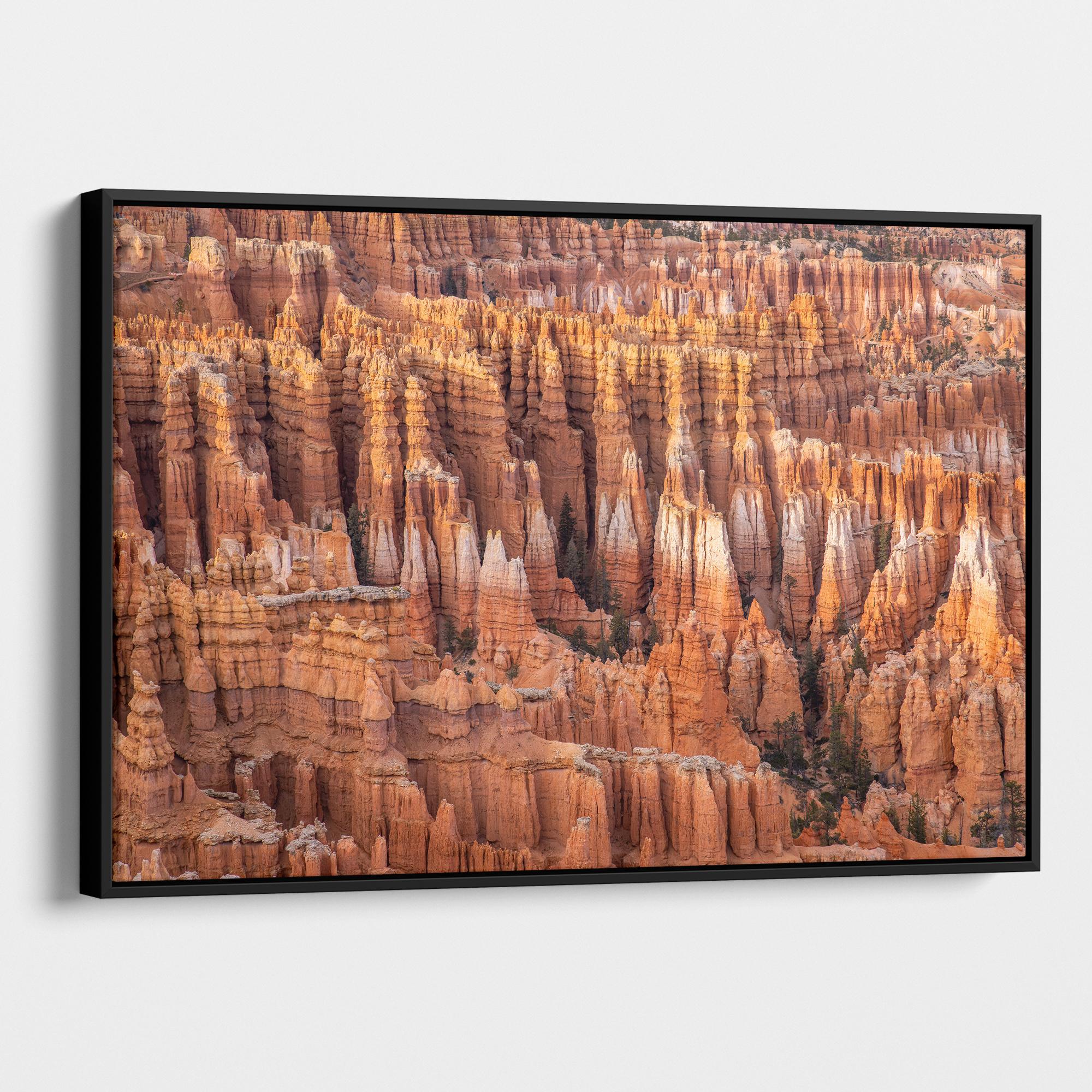 Large framed Bryce Canyon wall art featuring towering orange sandstone hoodoos and intricate rock formations in Bryce Canyon National Park, Utah.