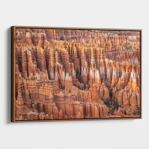 Large framed Bryce Canyon wall art featuring towering orange sandstone hoodoos and intricate rock formations in Bryce Canyon National Park, Utah.