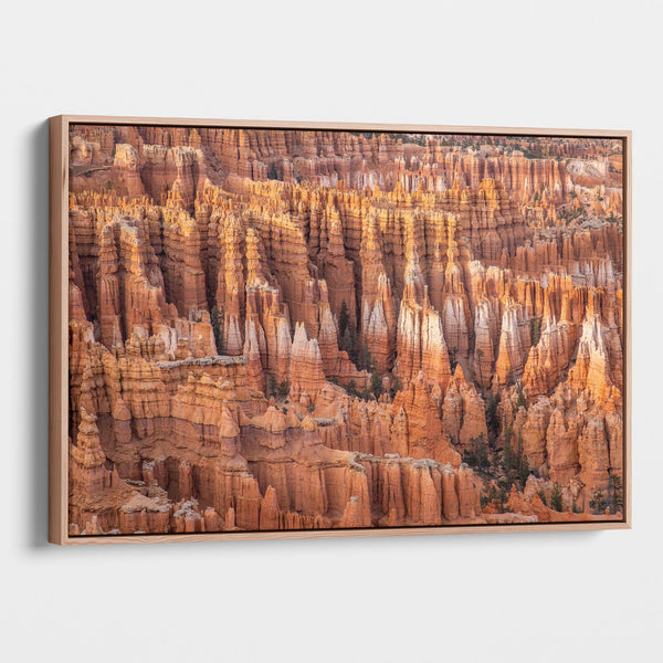 Large framed Bryce Canyon wall art featuring towering orange sandstone hoodoos and intricate rock formations in Bryce Canyon National Park, Utah.