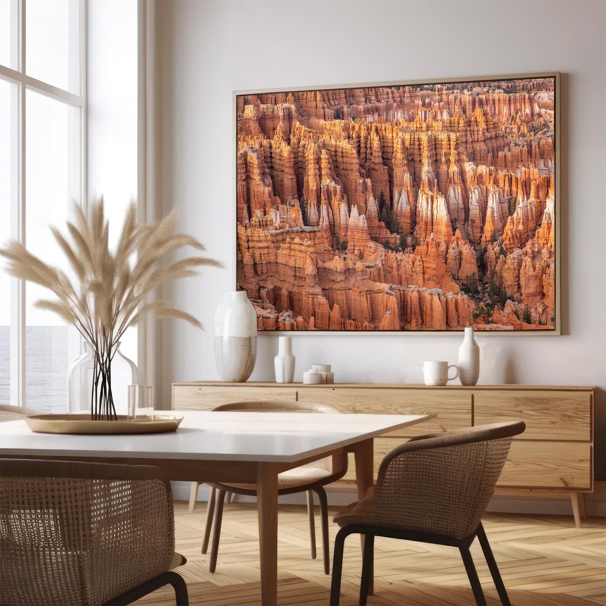 Large framed Bryce Canyon wall art featuring towering orange sandstone hoodoos and intricate rock formations in Bryce Canyon National Park, Utah.