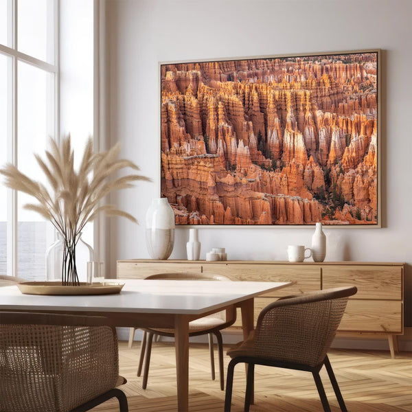 Large framed Bryce Canyon wall art featuring towering orange sandstone hoodoos and intricate rock formations in Bryce Canyon National Park, Utah.