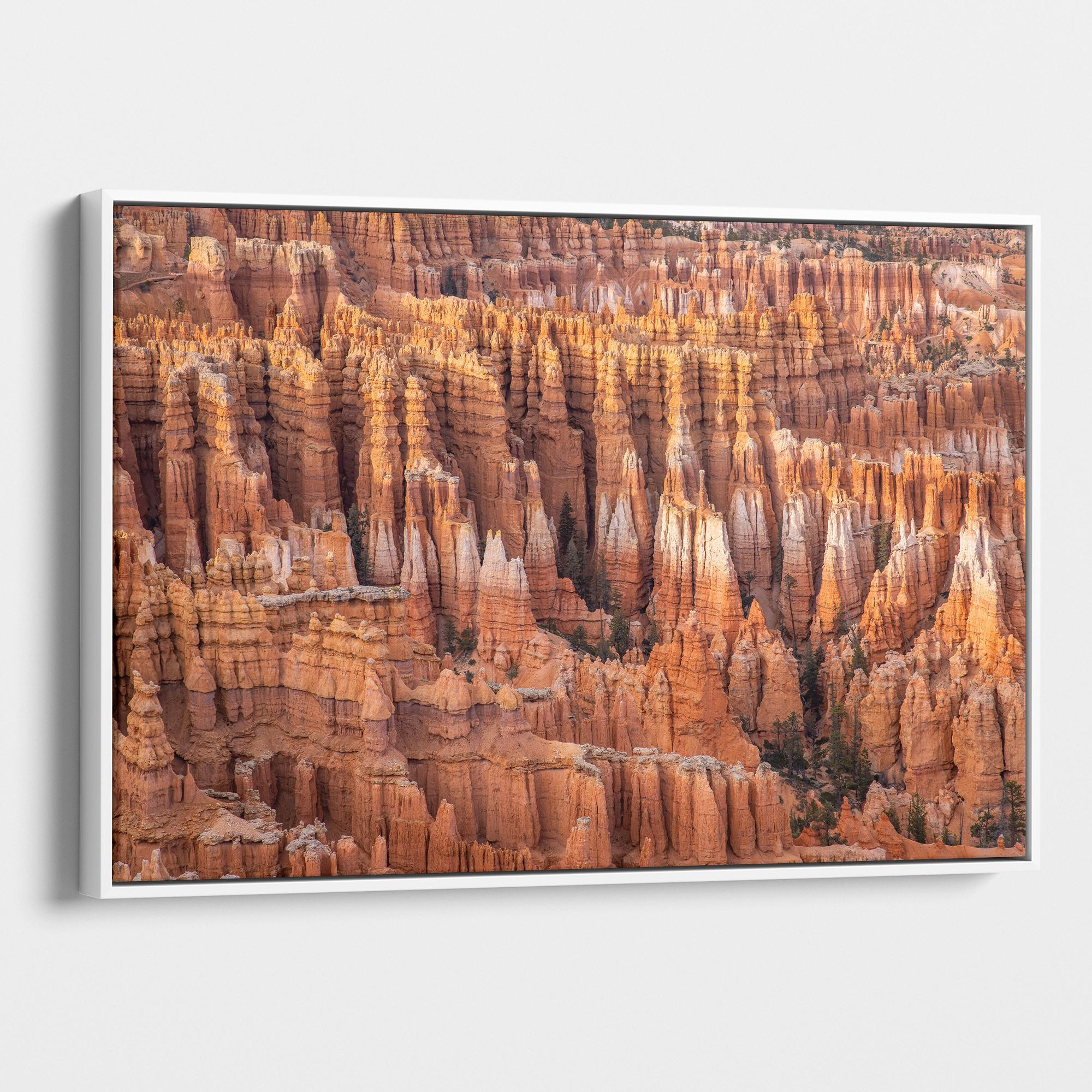  Large framed Bryce Canyon wall art featuring towering orange sandstone hoodoos and intricate rock formations in Bryce Canyon National Park, Utah.