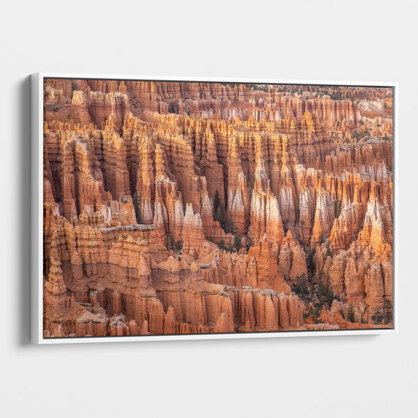 Large framed Bryce Canyon wall art featuring towering orange sandstone hoodoos and intricate rock formations in Bryce Canyon National Park, Utah.