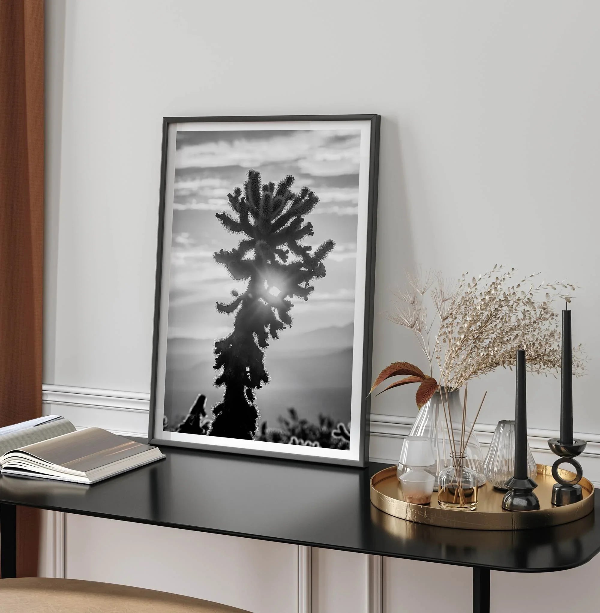 black and white cactus print and desert wall art showcasing a vivid sunset through a beautiful cactus silhouette. 