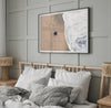 Aerial beach photograph of a couple beside Pacific Ocean waves in Capitola, California, styled as romantic coastal bedroom wall art.