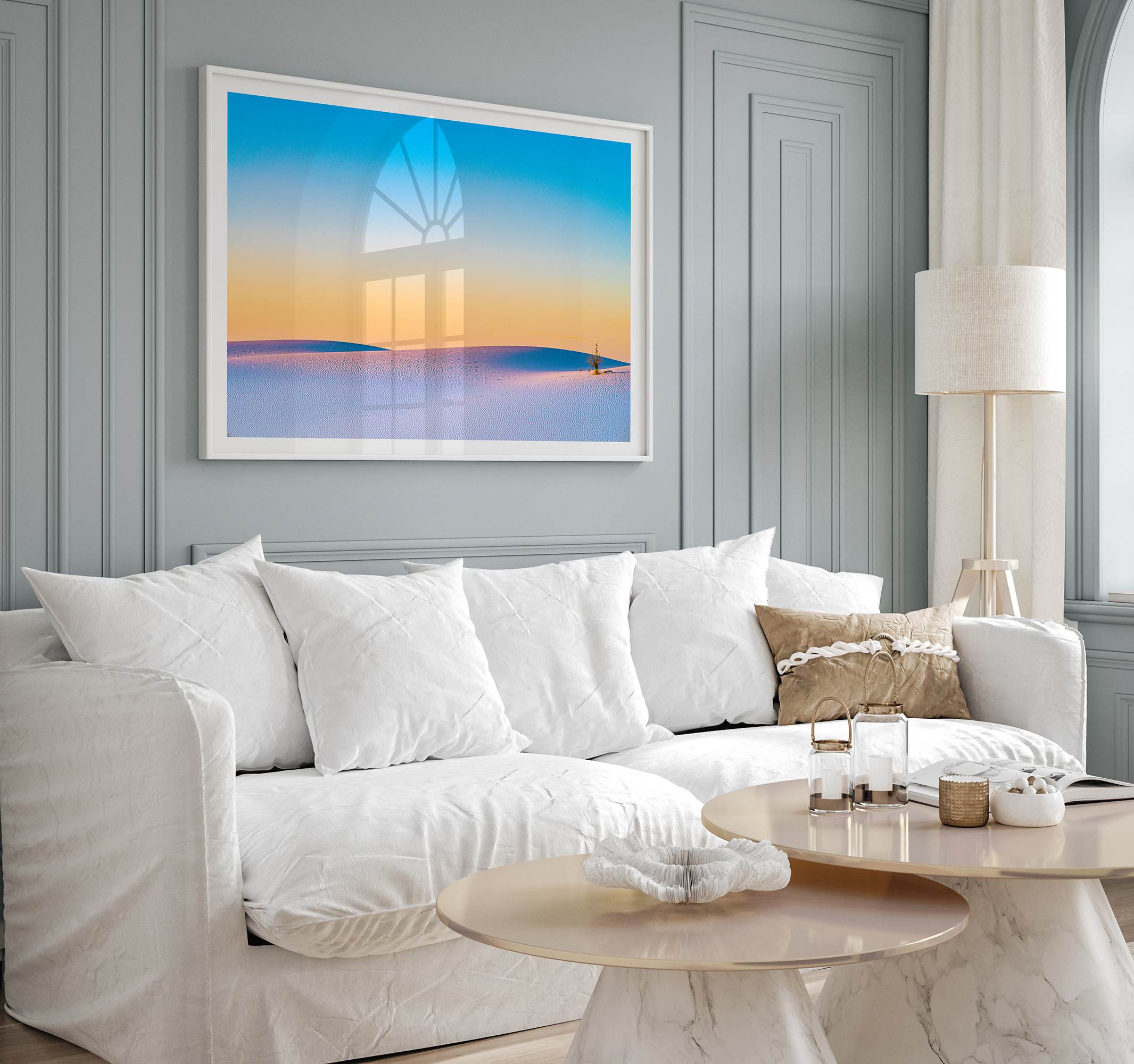 Panoramic desert landscape photography print showing White Sands National Park at sunset with blue sky and golden horizon.