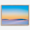 Panoramic desert landscape photography print showing White Sands National Park at sunset with blue sky and golden horizon.