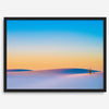 Panoramic desert landscape photography print showing White Sands National Park at sunset with blue sky and golden horizon.