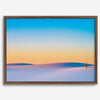 Panoramic desert landscape photography print showing White Sands National Park at sunset with blue sky and golden horizon.