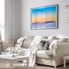 Panoramic desert landscape photography print showing White Sands National Park at sunset with blue sky and golden horizon.