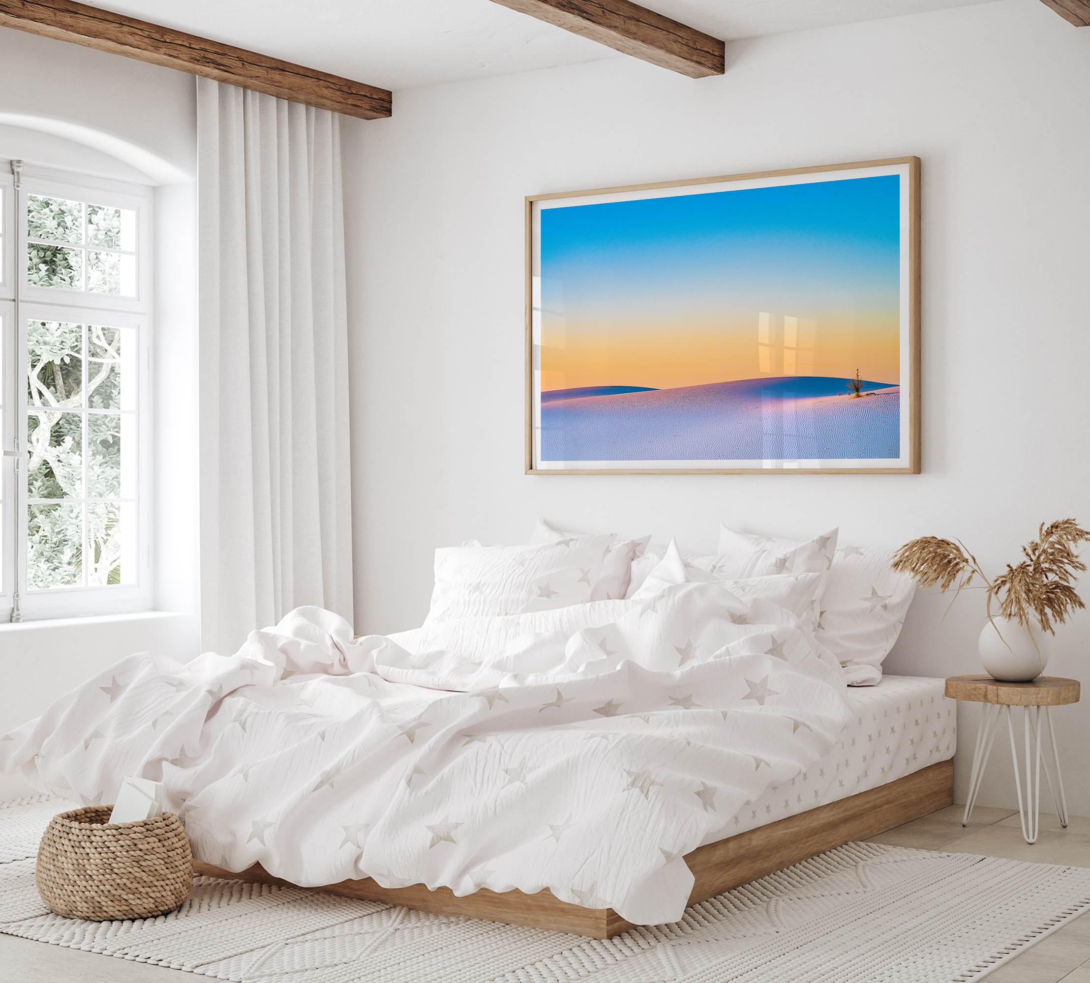 Panoramic desert landscape photography print showing White Sands National Park at sunset with blue sky and golden horizon.
