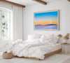 Panoramic desert landscape photography print showing White Sands National Park at sunset with blue sky and golden horizon.