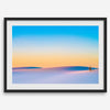 Panoramic desert landscape photography print showing White Sands National Park at sunset with blue sky and golden horizon.