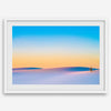 Panoramic desert landscape photography print showing White Sands National Park at sunset with blue sky and golden horizon.