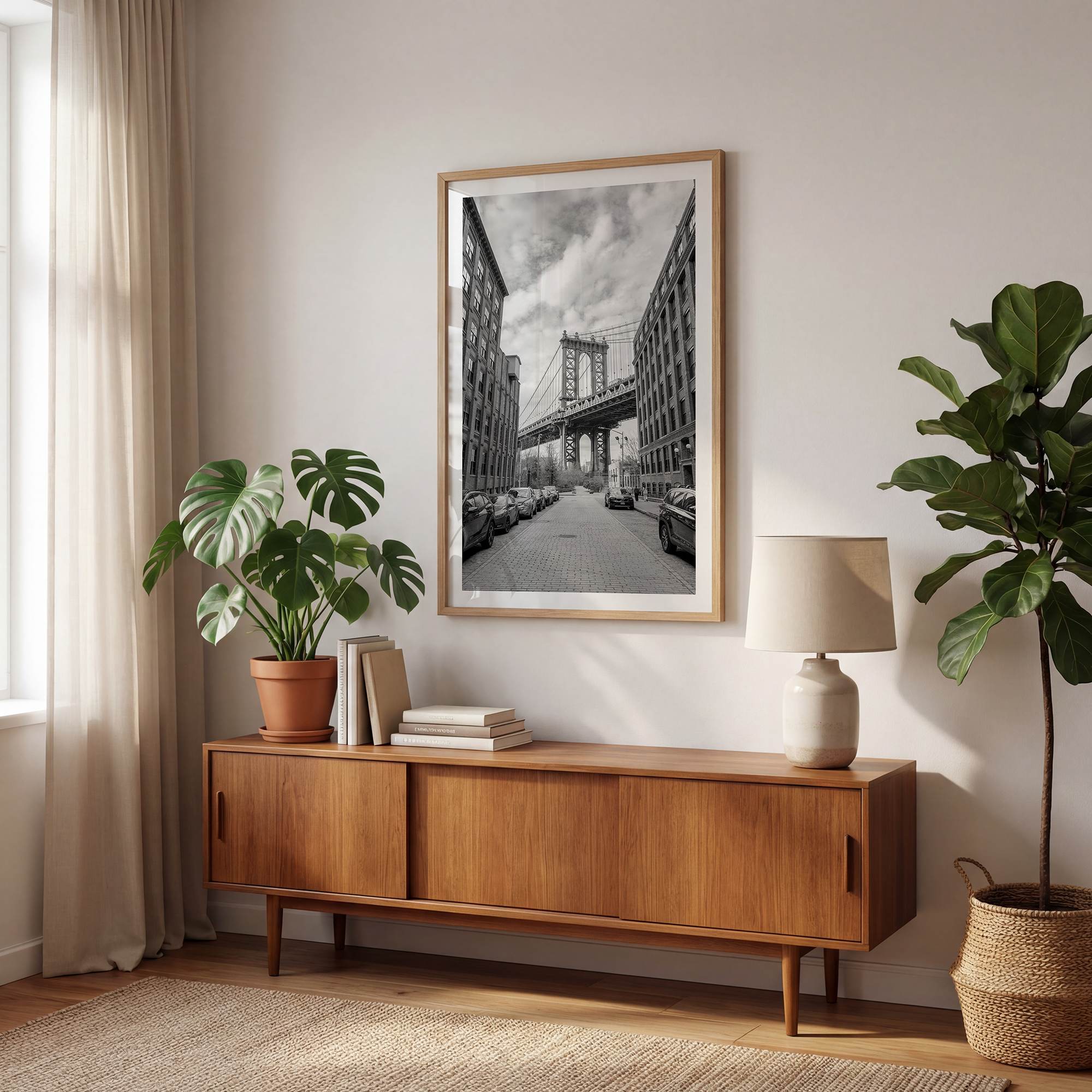 Framed Manhattan Bridge photography print in Dumbo Brooklyn with cobblestone street and monochrome architecture