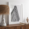 Black and white Flatiron Building print showing the iconic New York City landmark from a dramatic upward perspective