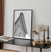 Black and white Flatiron Building print showing the iconic New York City landmark from a dramatic upward perspective