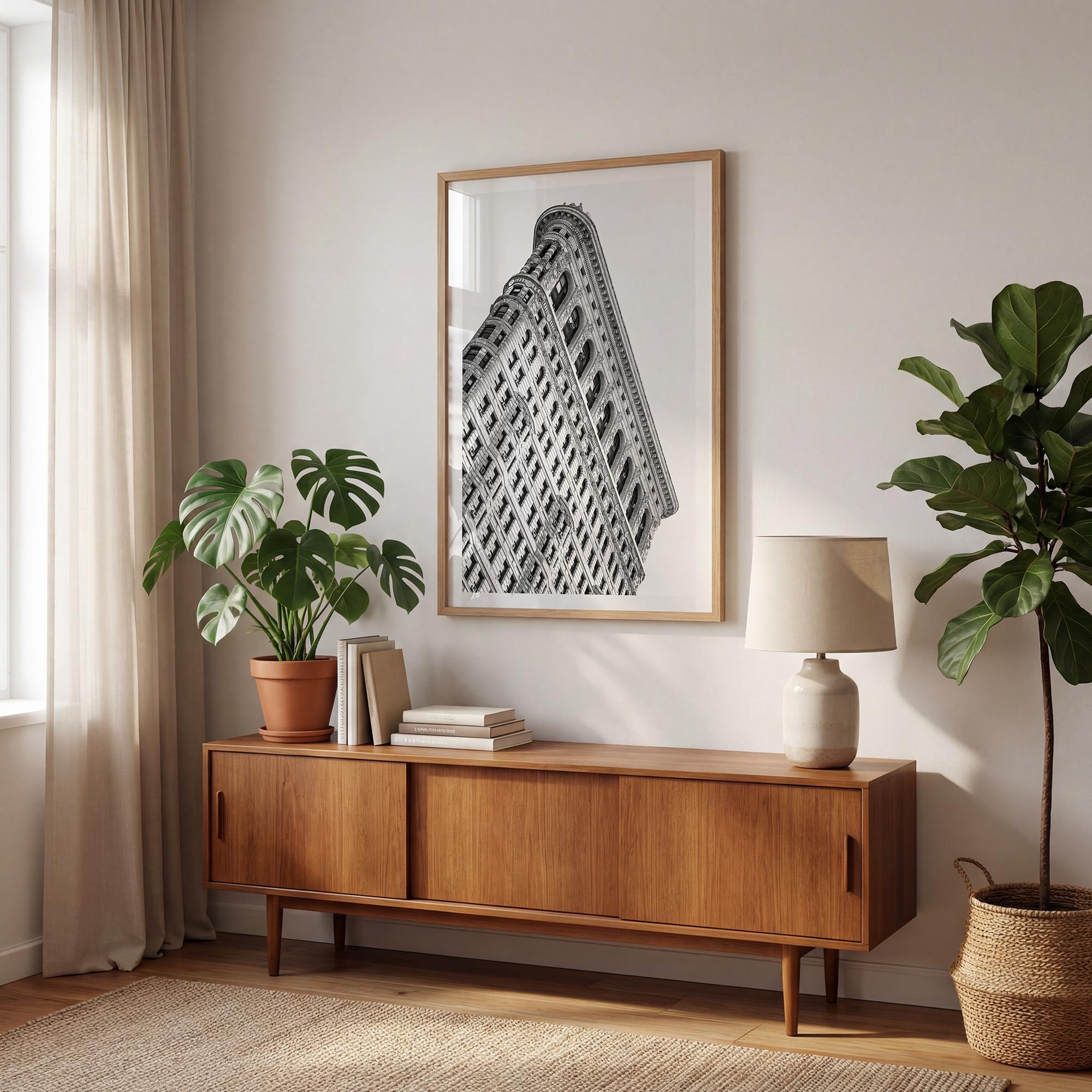 Black and white Flatiron Building print showing the iconic New York City landmark from a dramatic upward perspective