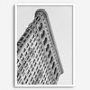 Black and white Flatiron Building print showing the iconic New York City landmark from a dramatic upward perspective
