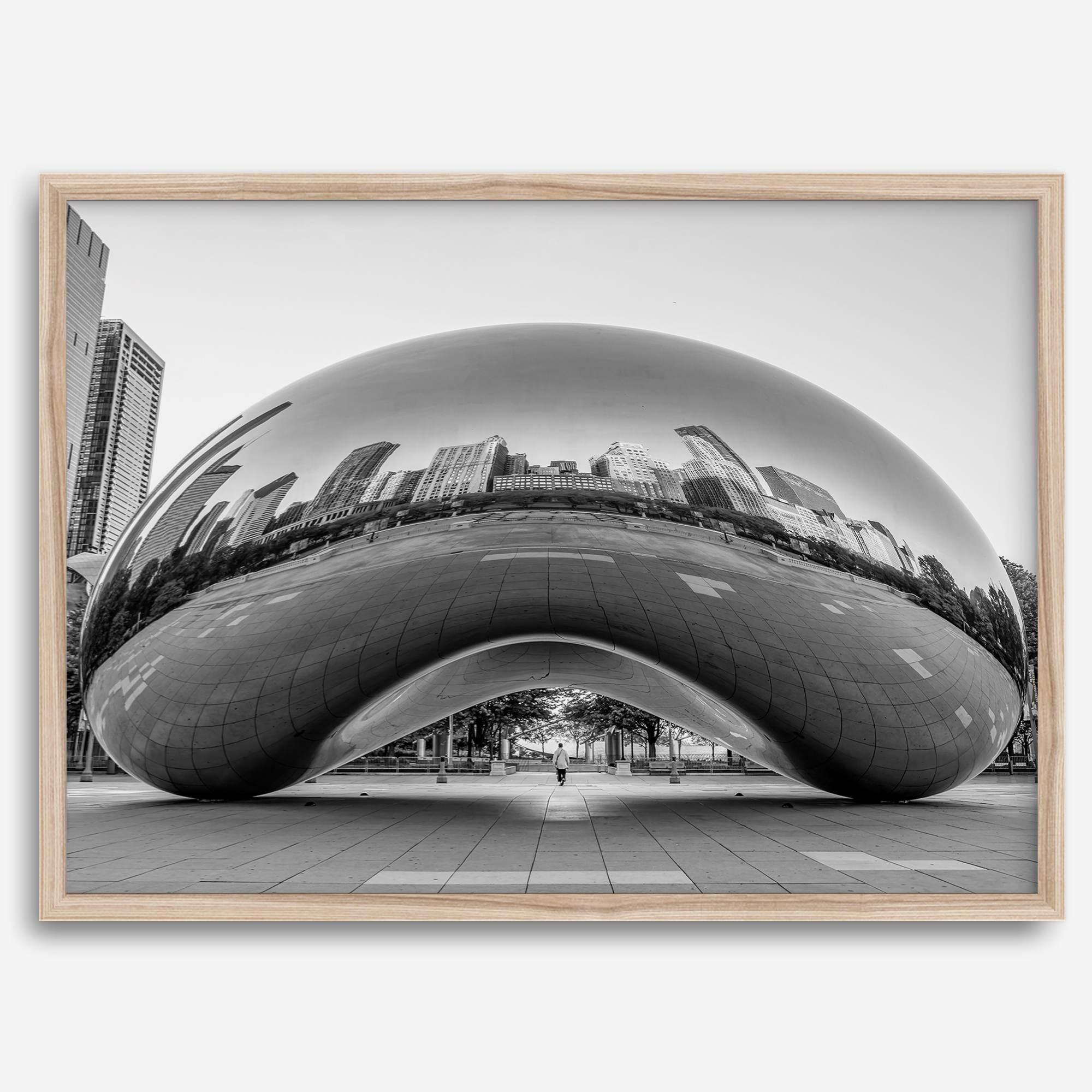 Black-and-white Chicago wall art of the Cloud Gate sculpture reflecting the city’s skyline.