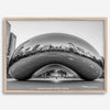 Black-and-white Chicago wall art of the Cloud Gate sculpture reflecting the city’s skyline.