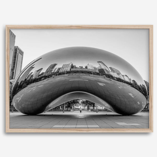 Black-and-white Chicago wall art of the Cloud Gate sculpture reflecting the city’s skyline.