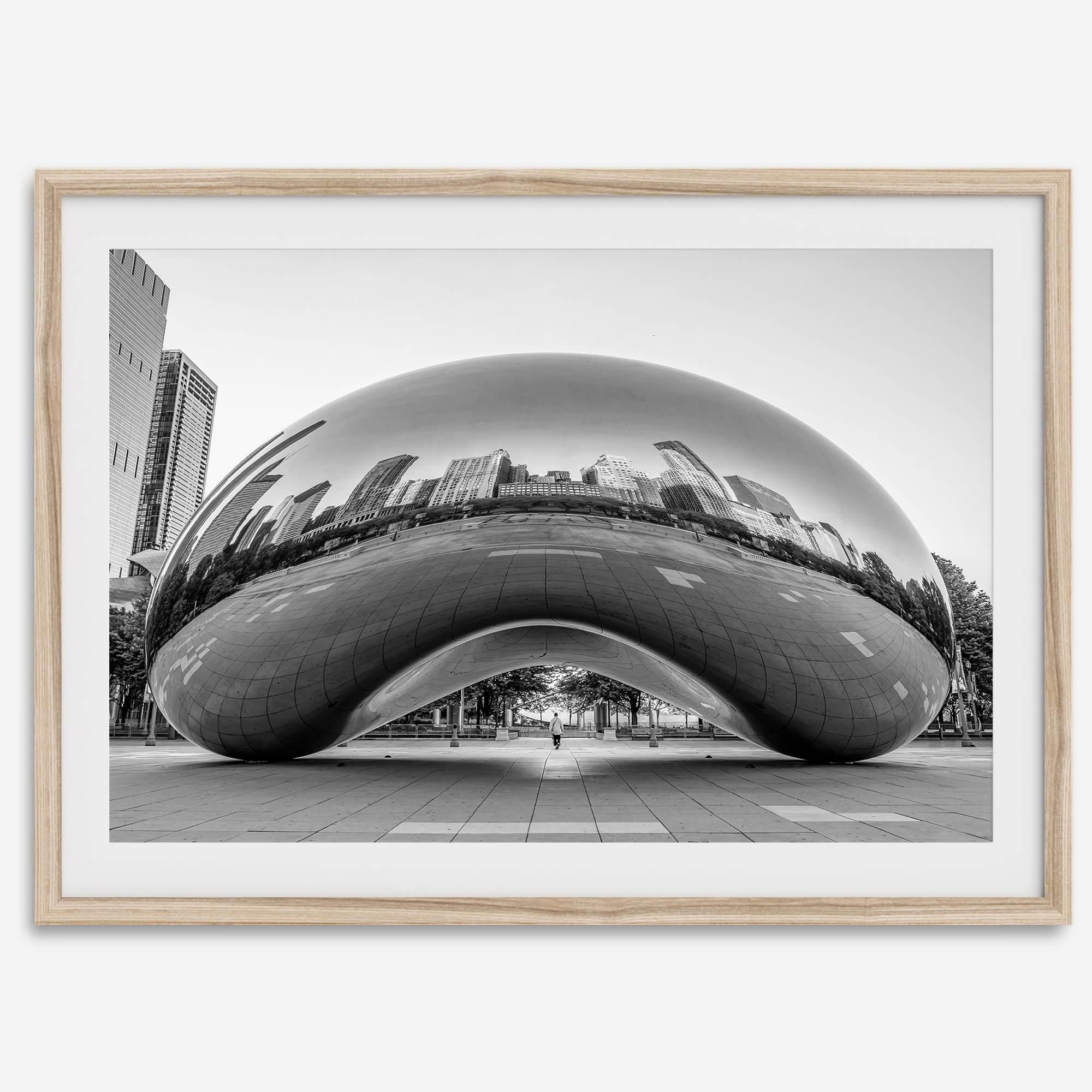 Black-and-white Chicago wall art of the Cloud Gate sculpture reflecting the city’s skyline.