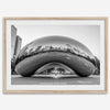 Black-and-white Chicago wall art of the Cloud Gate sculpture reflecting the city’s skyline.