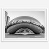 Black-and-white Chicago wall art of the Cloud Gate sculpture reflecting the city’s skyline.
