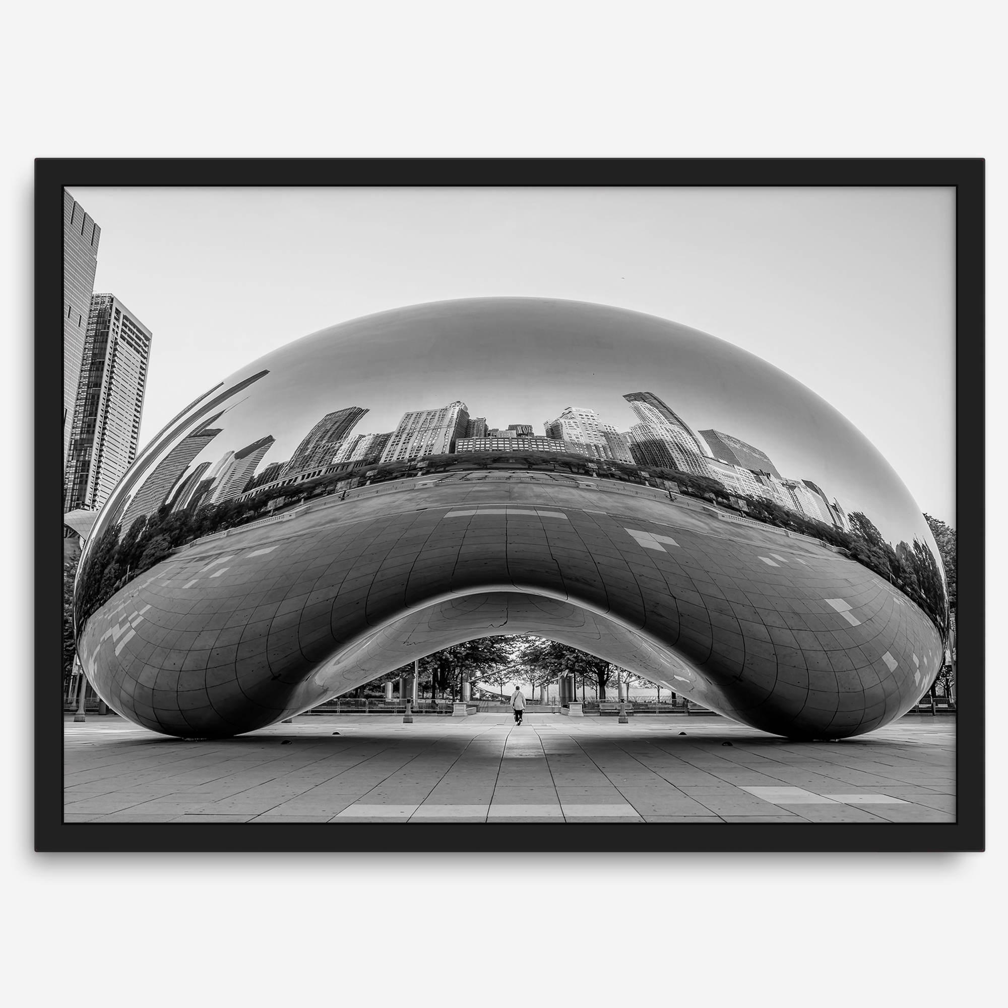Black-and-white Chicago wall art of the Cloud Gate sculpture reflecting the city’s skyline.