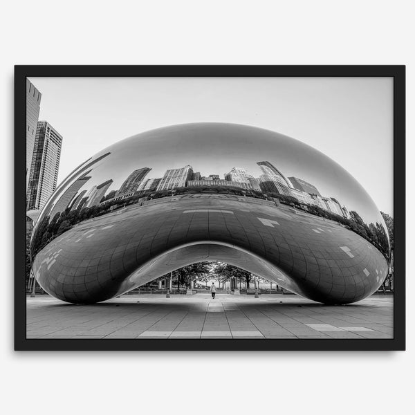 Black-and-white Chicago wall art of the Cloud Gate sculpture reflecting the city’s skyline.
