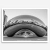 Black-and-white Chicago wall art of the Cloud Gate sculpture reflecting the city’s skyline.