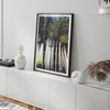 Rows of longboards under palm trees in Hawaii, tropical surfboard wall art photograph.