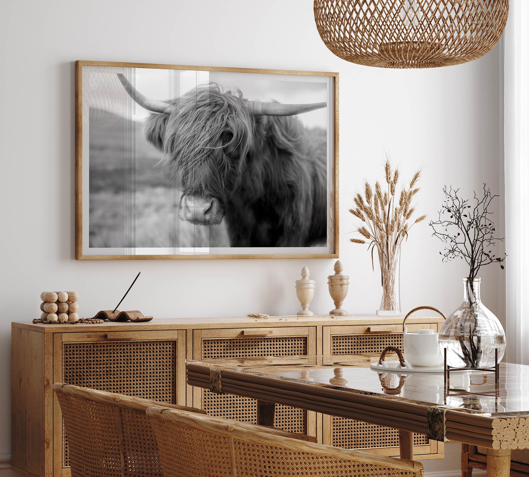 Fine art black and white Highland cow wall art featuring a close-up portrait captured in the Scotland Highlands.