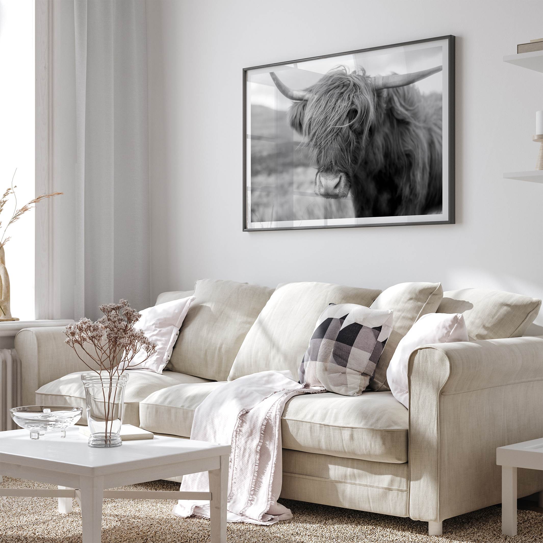 Fine art black and white Highland cow wall art featuring a close-up portrait captured in the Scotland Highlands.