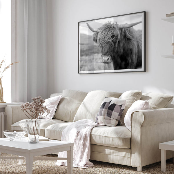 Fine art black and white Highland cow wall art featuring a close-up portrait captured in the Scotland Highlands.