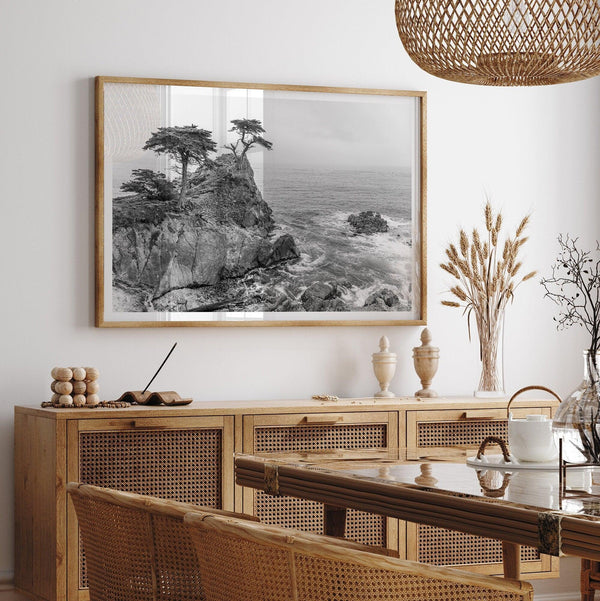 Lone Cypress Tree Coastal Wall Art - Monterey California Beach Print, Black and White Coastal Photography, Framed Ocean Art Wall Decor