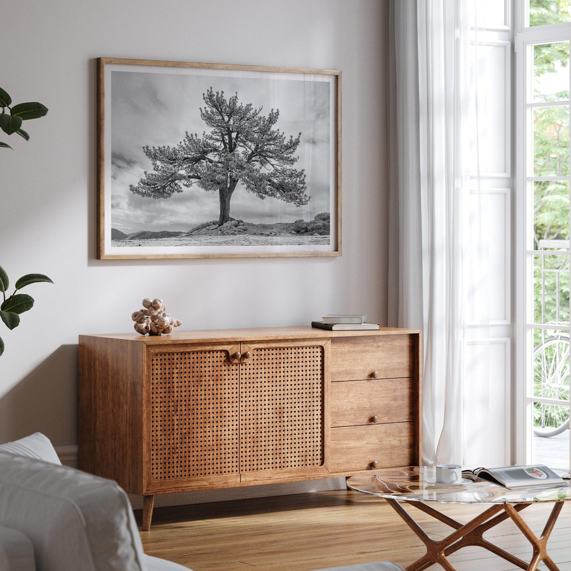 Large tree wall art featuring a black and white photograph of a Yosemite pine tree against a cloudy sky.