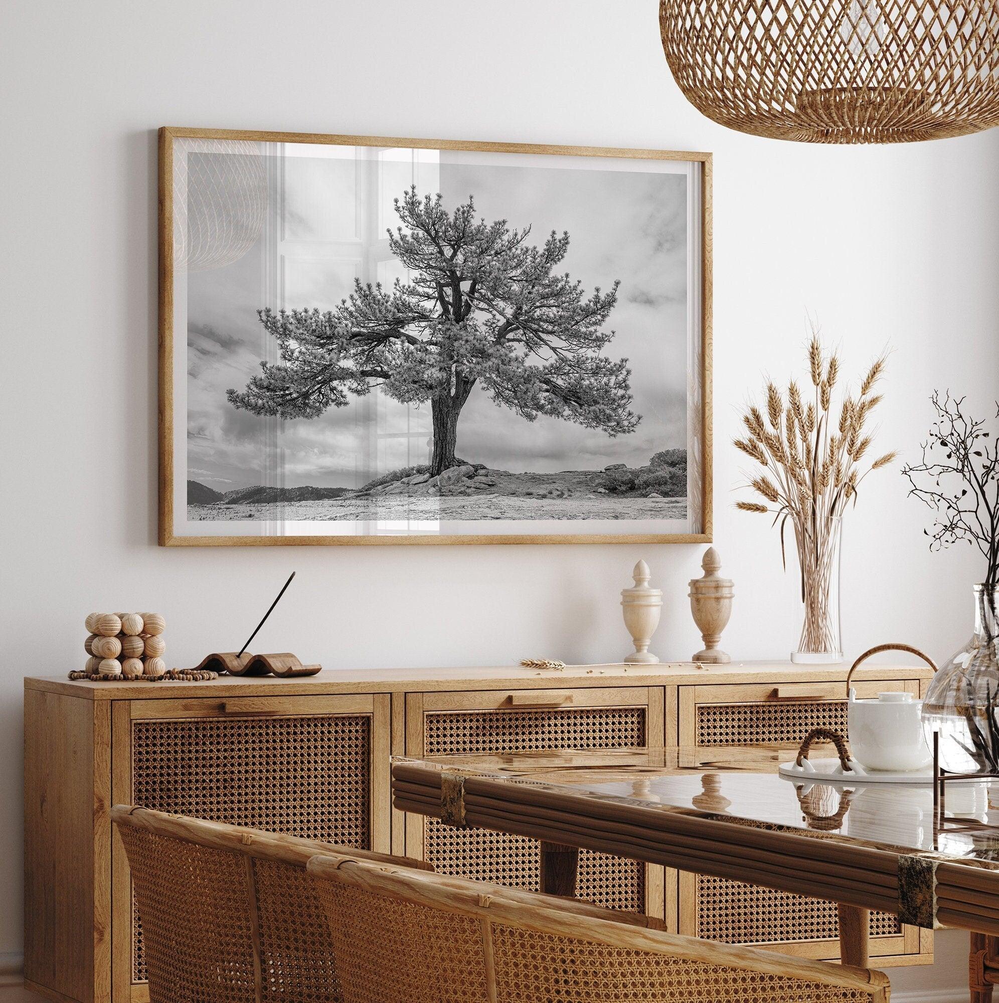 Large tree wall art featuring a black and white photograph of a Yosemite pine tree against a cloudy sky.