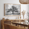Large tree wall art featuring a black and white photograph of a Yosemite pine tree against a cloudy sky.